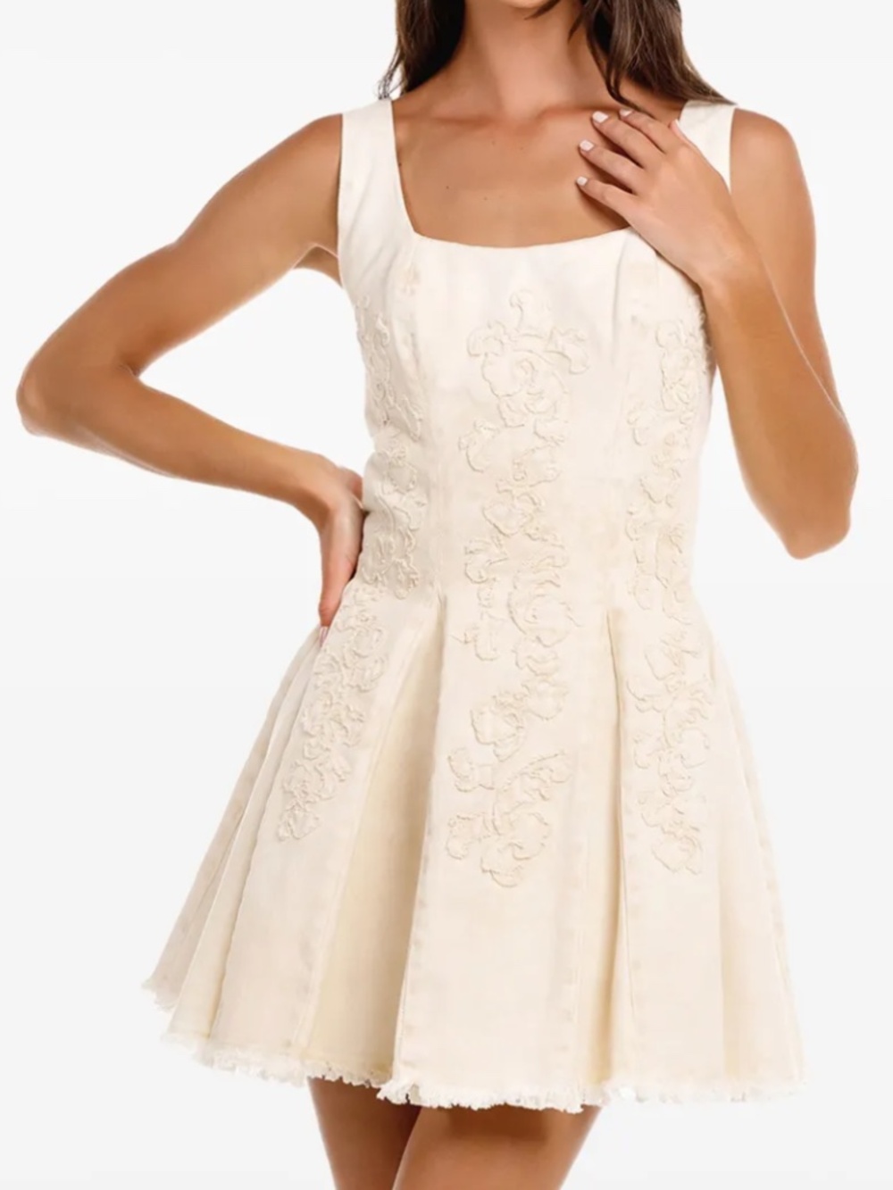 Agua Bendita Kristen Sereia Light Beige Denim Dress Neutral Embroidered